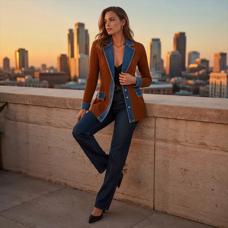 Chaqueta punto acanalado contraste Denim