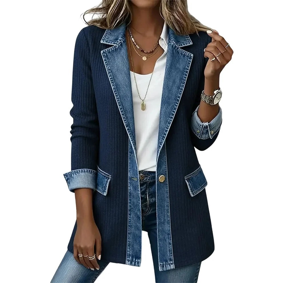 Chaqueta punto acanalado contraste Denim