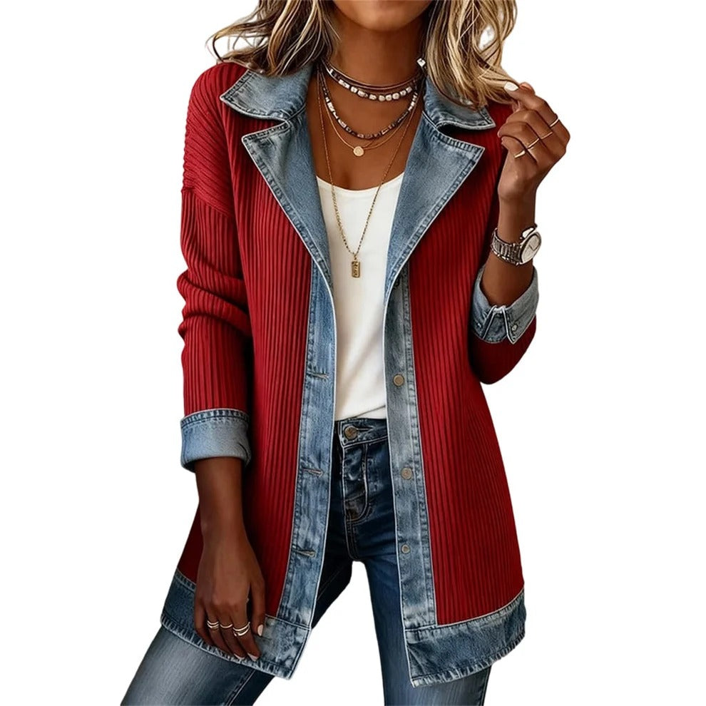 Chaqueta punto acanalado contraste Denim
